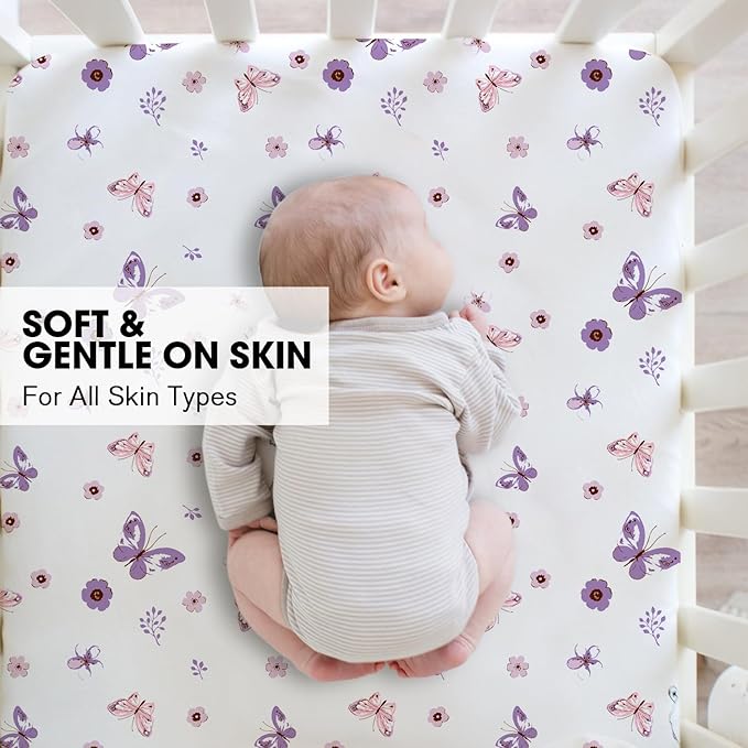 Little Grape Land Pack and Play Sheets Mini Crib Sheets Soft Breathable Pack N Play Sheets, Playard Fitted Sheet 2 Pack Stretchy Fits 38"x26" Playard Mattress, Purple Butterfly