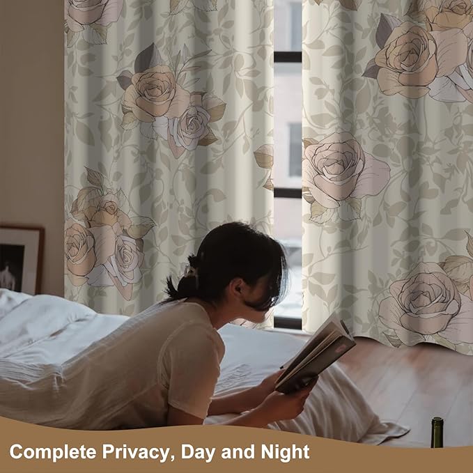 Floral Bedroom Living Room Blackout Window Curtains 84 Inch Long, Room Darkening Black Out Bedroom Curtains 2 Panel Sets, Grommet Nursery Girls Light Filtering Soundproof Insulated Curtains for Winter
