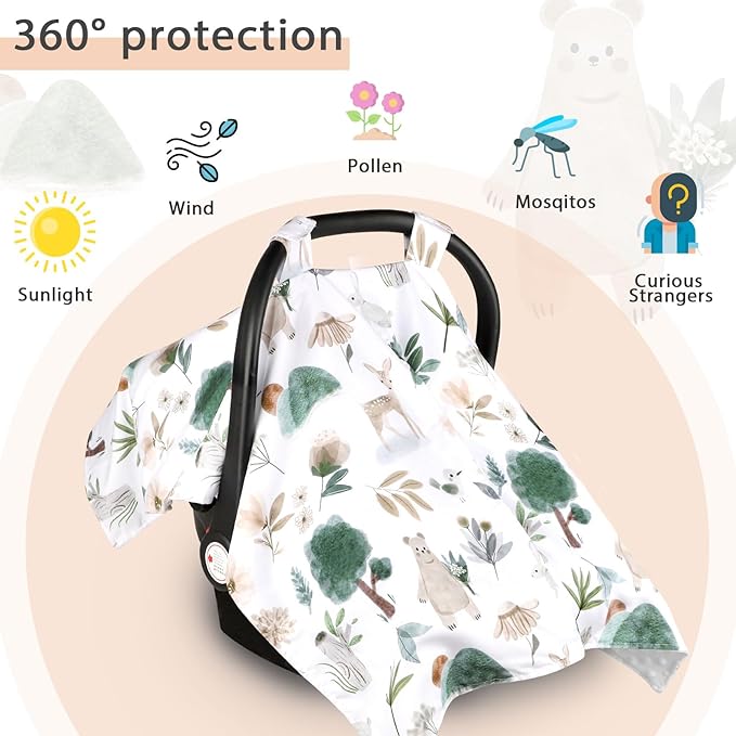 Minky Car Seat Cover for Baby Girl & Boys, Car Seat Canopy with Peep Window, Multiuse Carseat Covers Protecting Baby from Wind, Sun, Strangers, Woodland Animal