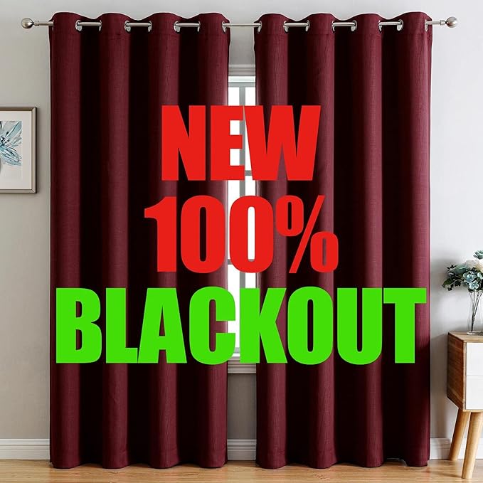 G2000 100% Blackout Curtains for Bedroom & Living Room - 95 Inch Burgundy Red, Thermal Lined, Insulated, Light Blocking, Noise Reducing, 2 Panels