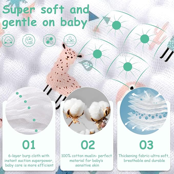 Looxii Muslin Burp Cloths 100% Cotton Muslin Cloths Large 20''x10'' Extra Soft and Absorbent 6 Pack Baby Burping Cloth for Boys and Girls (Alpaca)