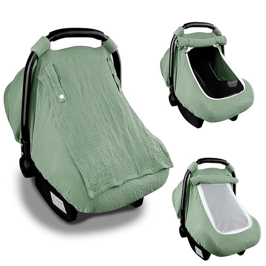 Hooyax Muslin Car Seat Covers for Babies, Summer Baby Car Seat Cover for Boys Girls with Breathable Window, Lightweight Infant Car Seat Canopy, Green