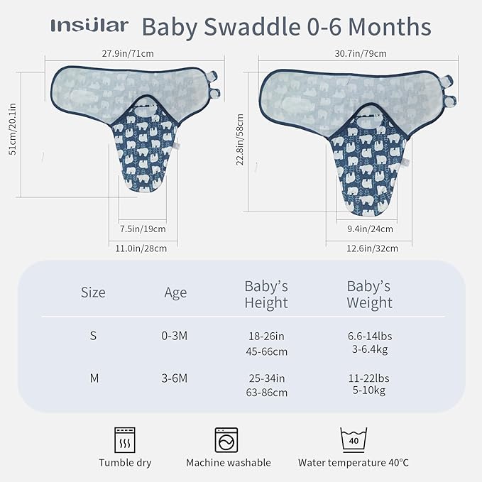 insular Baby Swaddle Wrap, Swaddle Blanket for Newborn and Infant, Adjustable Swaddling Set for Boy and Girl, Soft Cotton Baby Sleep Sack 3 Pack, Bear, Small(0-3 Month)