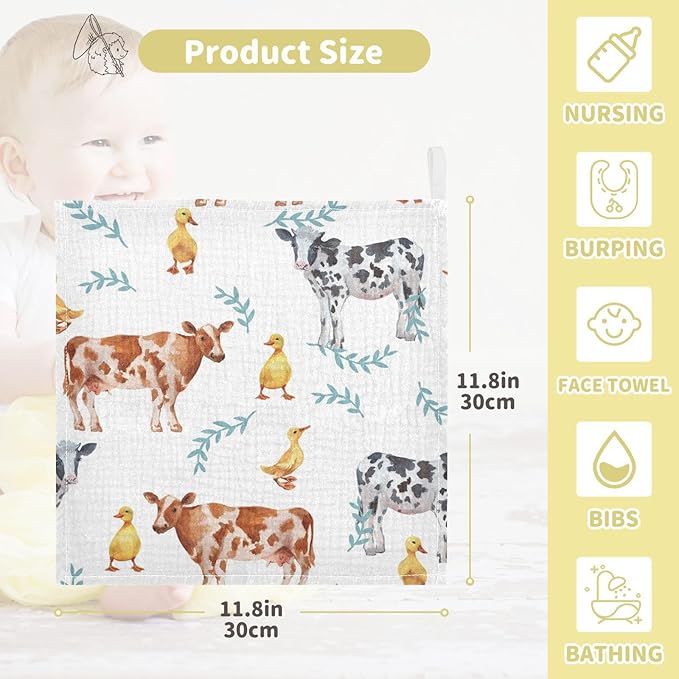 vvfelixl Farm Animals Cows Duckling Baby Burp Cloths Baby Muslin Washcloths for Boys Girls Cotton Baby Face Towel for Newborn Infants Soft and Absorbent 11.8 X 11.8 in, 5 Pack
