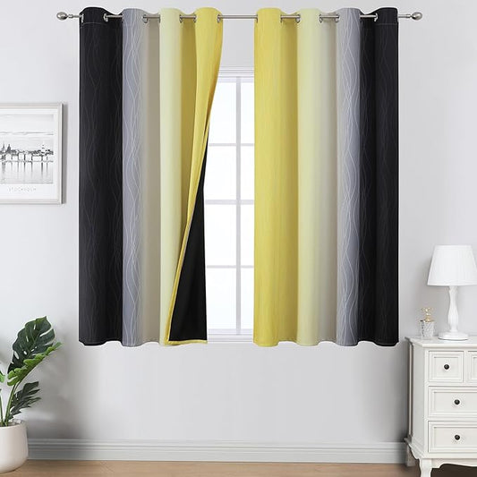Estelar Textiler Black and Yellow Ombre Blackout Curtains 45 Inches Long, Full Room Darkening Gradient Drapes for Kitchen, Thermal Insulated Grommet Curtains for Short Window,52Wx45L,2 Panels