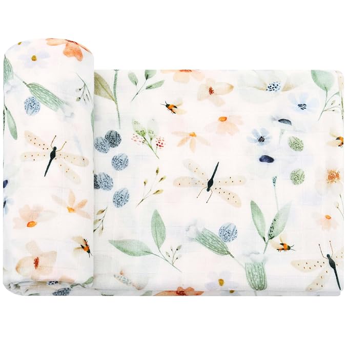 LifeTree Baby Swaddle Blankets, Muslin Swaddle Blankets Boys Girls Swaddling Wrap Receiving Blanket for Newborn, 70% Viscose Bamboo and 30% Cotton, Large 47" x 47", BlueFloral Pattern