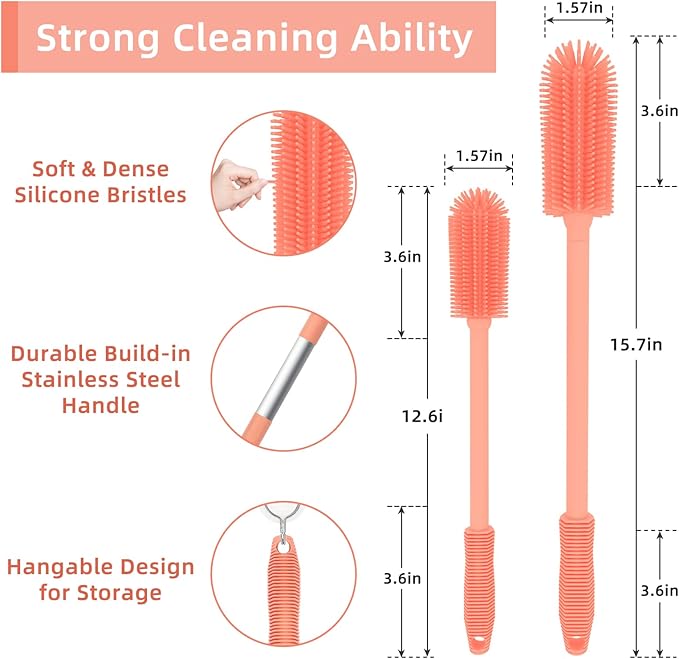 Silicone Bottle Cleaning Brush | 2 Pack| Water Bottle Brush Cleaner Brush for Hydro Flask,Glassware,Vacuum Sports Bottle&Vases,Water Bottle Cleaner Brush for Narrow Neck Containers