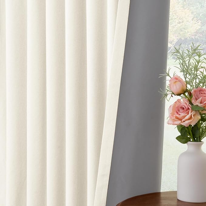 INOVADAY 100% Blackout Curtains for Bedroom, Black Out Curtains 84 Inch Long, Clip Rings Linen Blackout Drapes, Thermal Insulated Room Darkening for Living Room, 2 Panels - Lightcream,W50xL84