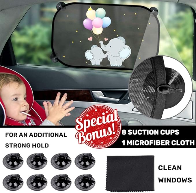 Car Sun Shade for Baby Kids 2 Pack Static Cling Side Window Car 110GSM Rear Sunshades Universal with Storage Bag - Sun Glare and UV Rays Protection for Your Child (Elephant)