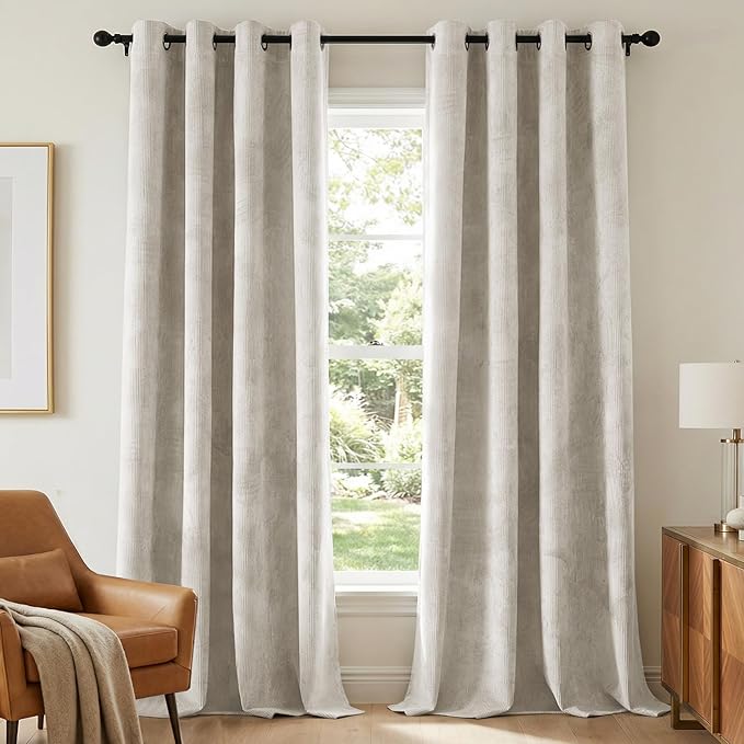 H.VERSAILTEX Velvet 100% Blackout Curtains for Living Room Full Light Blocking Curtains Thermal Insulated Room Window Drapes Soft Luxury Curtains Grommet Top 2 Panels (55" W x 96" L, Natural)