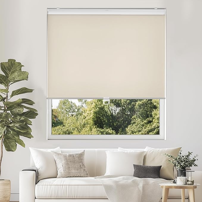 ChrisDowa Cordless Free-Stop 100% Blackout Blinds for Windows, Roller Windows Shades with Thermal Insulated, UV Protection Fabric for Living Room, Office and Home. Easy to Install.Beige,31" W X 72" H