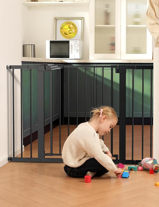 Babelio Baby Gate, 29-43" Auto-Close Easy Install Pet Gate, PressGuard P7 Extra Wide Walk Thru Child Safety Gate, 30" Tall Pressure-Mounted Metal Dog Gate for Doorways & Stairs, Black