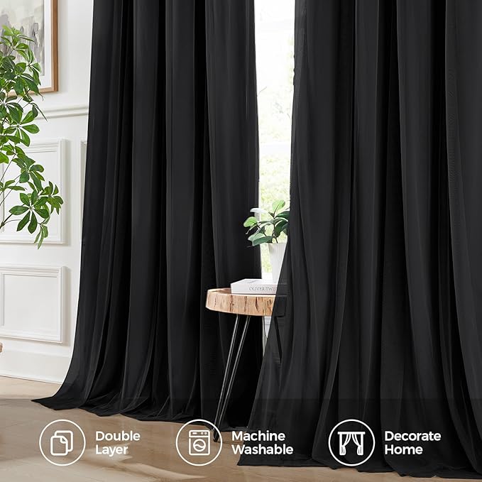 100% Blackout Curtains for Bedroom, Double Layer Black Curtains, Black Out Curtain 96 inch Long with Sheer Overlay for Living Room, Room Darkening Window Drapes with Grommet, 52" W x 96" L