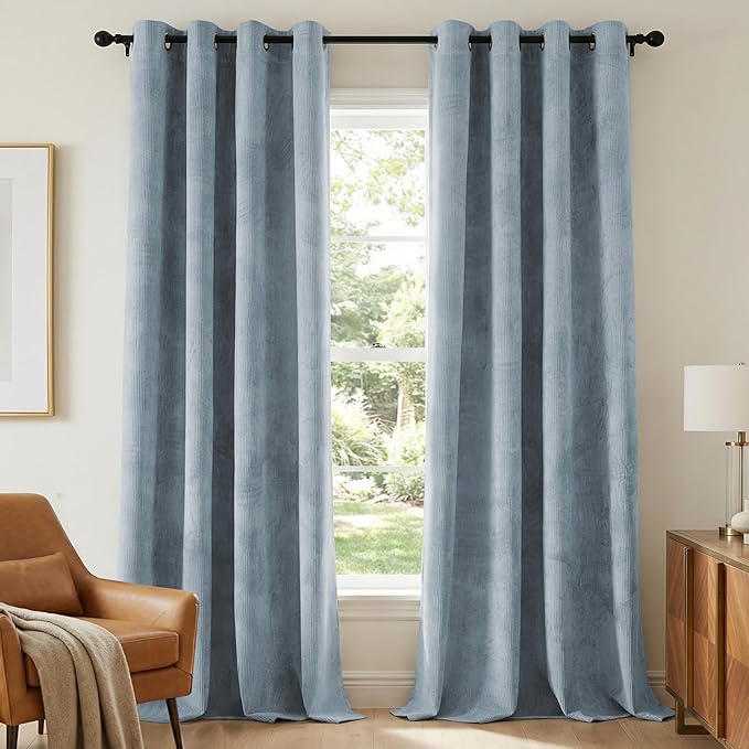 H.VERSAILTEX Velvet 100% Blackout Curtains for Living Room Full Light Blocking Curtains Thermal Insulated Room Window Drapes Soft Luxury Curtains Grommet Top 2 Panels (55" W x 108" L, Stone Blue)