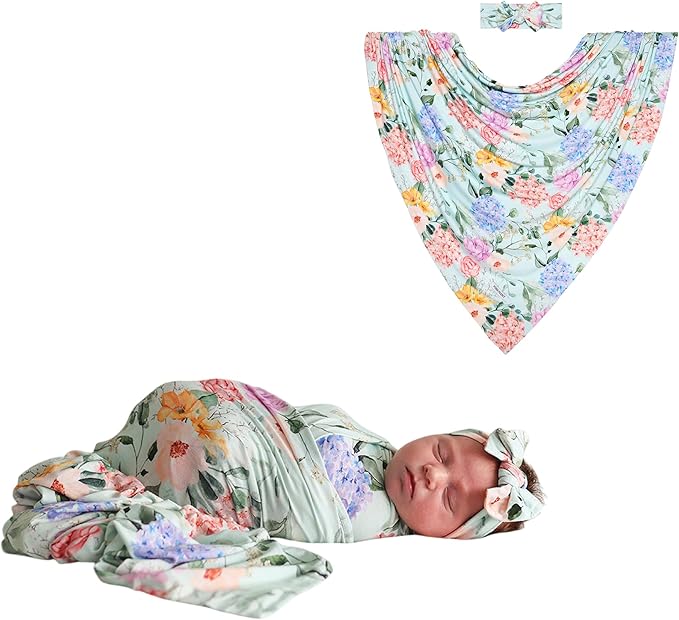 Posh Peanut Swaddle Blanket & Headband Set – Viscose from Bamboo Stretchy Baby Swaddle for Newborn Girls, Receiving Blanket or Nursing Cover (Erin)