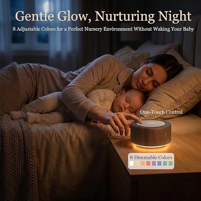 Kipcush White Noise Machine with Night Light – Nursery Sound Machine with Soft Non-Glare Lamp, 30 Soothing Sounds, 8 Color Lights, Up to 8-Hour Timer for Baby & Adults