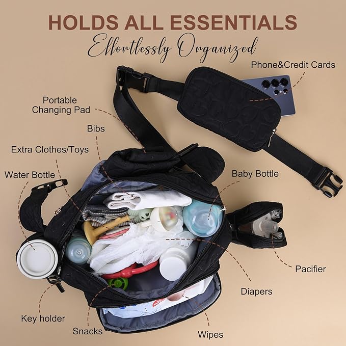 Rexmore Puffer Quilted Fanny Pack Diaper Bag for Mom - Women‘s Compact Crossbody Purse with Portable Changing Pad & Wipes Pouch, Travel & Quick Errand Baby Essentials Organizer(Black)
