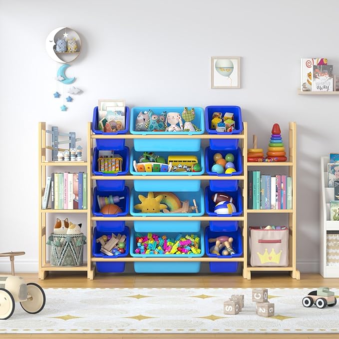 Large Toy Storage Organizer Kids Toy Organizer and Bookshelf Combo with 12 Bins and 6 Shelves Toy Organization Box Toy Shelf for Playroom, Bedroom, Nursery