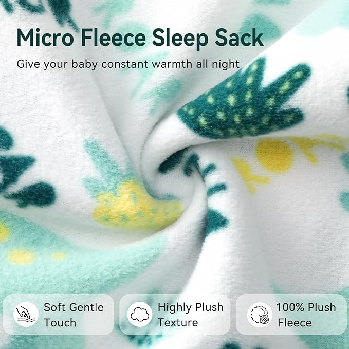 Unnivoll Fleece Baby Sleep Sack 6-12 Months 1.0 Tog Baby Wearable Blanket Microfleece Sleeping Sack with 2-Way Zipper for Newborn Infant Green & White Dinosaur