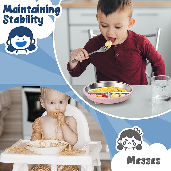 2-Pack Stainless Steel Kids’ Plates with Suction Bases, 8.26" Divided Toddler Plates with Removable Silicone Sleeves, Non-Slip, BPA-Free, Dishwasher Safe (Green & Beige)
