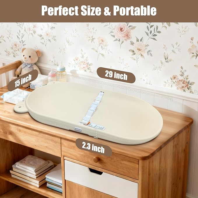 FLEUFAB Baby Changing Pad, EVA Waterproof Non-Slip Changing Table Pad with Adjustable Strap for Dresser Changing Table Nursery, Portable Diaper Changing Pad, Oat