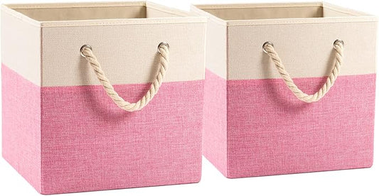PRANDOM Large Foldable Cube Storage Bins 11x11 inch [2-Pack] Fabric Linen Storage Baskets Cubes Drawer with Cotton Handles Organizer for Shelves Nursery Closet Bedroom Pink