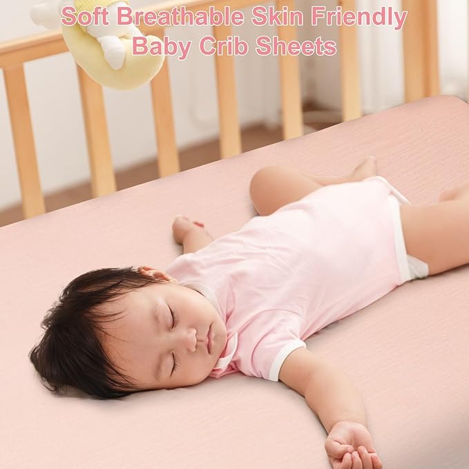 PET REJOIR 2 Pack Muslin Fitted Crib Sheets for Baby Girls & Boys-Neutral Breathable Crib Mattress Protector for Standard Crib Mattress (28"x 52")-Soft No Slip Toddler Cotton Bedding-Blush & White