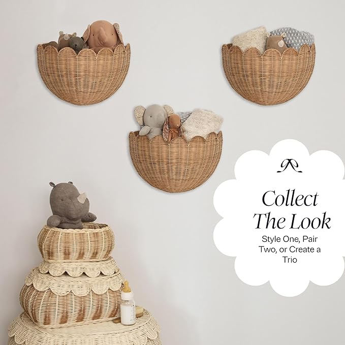 BEBE BASK Scalloped Wicker Hanging Basket - The Original Wicker Wall Decor - Hand Woven Wall Basket - Home Décor Wall Hanging Basket - Wall Storage Basket for Nursery, Living Room and Bathroom (Mocca)