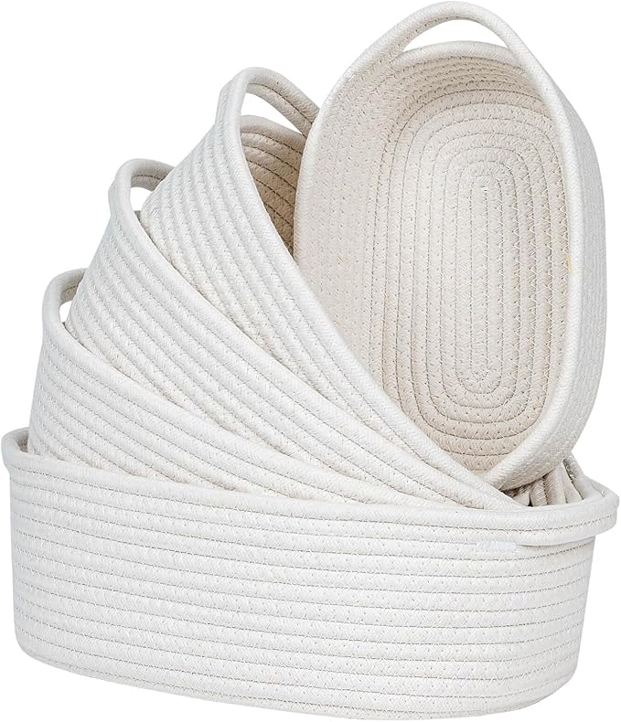 CubesLand Small Woven Rope Toys Basket for Organizing Set 5, Shelves Closet Storage Bins, Empty Gift Baby Shower Basket Also Perfect for Toilet Paper Storage, Organizer Bins Off White