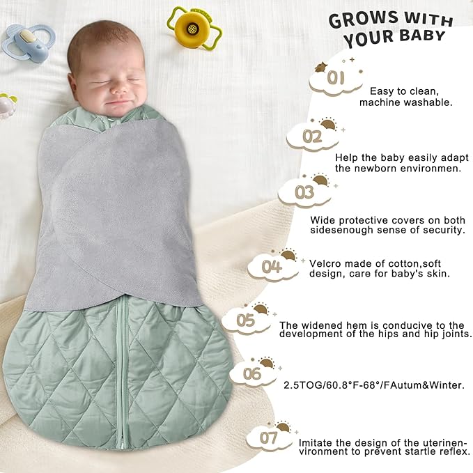 BSTOPPT Newborn Sleep Sack Baby Swaddle,3-Way Adjustable Wearable Blanket,Swaddling Sleeping Bag,TOG 2.5 (Green, 3-6 Months)