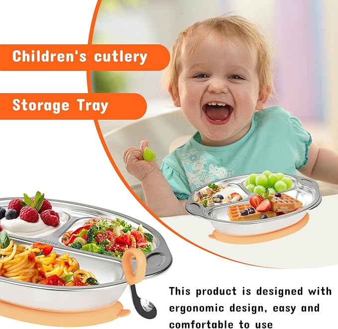 Mrs. Chou Stainless Steel Baby Suction Plates Divided Plates for Babies and Toddlers, Made of 100% Food-Grade Materials Ideal for Baby-Led Weaning BPA-Free Toddler Feeding Dishwasher Safe Orange-pink