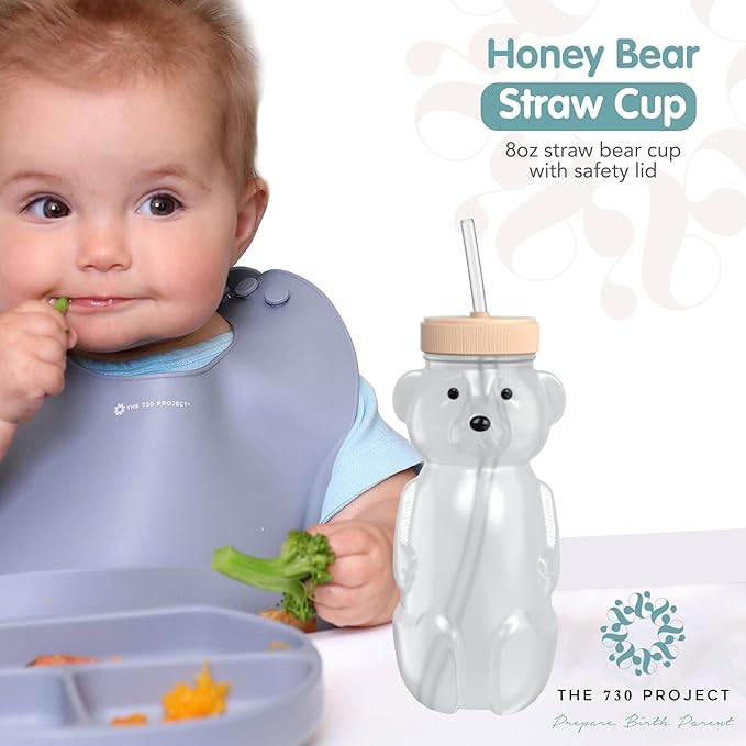 The 730 Project Honey Bear Straw Cup for Babies, 8-oz Honey Bear Cup with Lid, 3-Pack Therapy Learning Honeybear Straw, Baby Bottle Set, Creamsicle PEACH