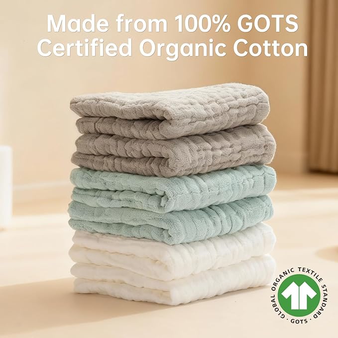 Bear Rocket Organic Muslin Baby Washcloths 6 Pack Baby Bath Face Towel 12x12 Inch Extra Absorbent and Soft Burp Cloth and Wash Cloths for Newborn-Infants On Sensitive Skin (White Green Brown)