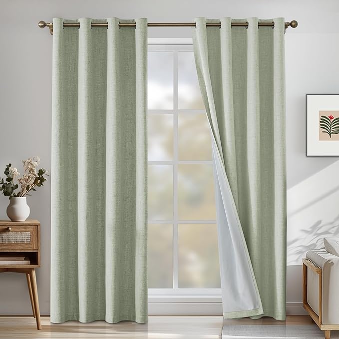 Linen 100% Blackout Curtains for Bedroom, Black Out Curtains 45 Inch Long, Room Darkening Curtains for Living Room, Long Curtain Grommets Drapes, Thermal Curtains(2 Panels, Light Green)