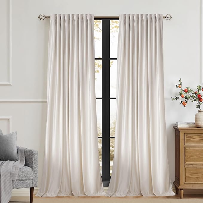 100% Blackout Ivory Off White Velvet Curtains 120 inch Long for Living Room,Set of 2 Panels Liner Rod Pocket Back Tab Thermal Window Drapes Room Darkening Heavy Decorative Curtains for Bedroom