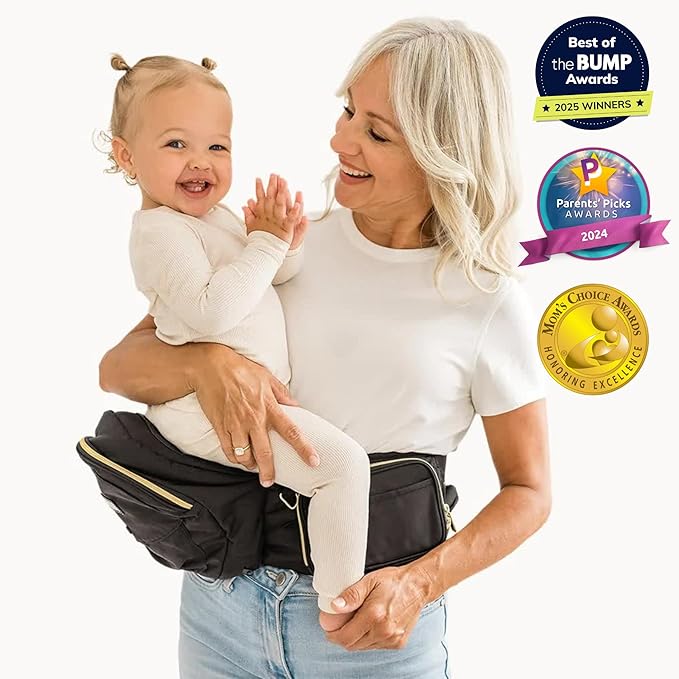 Tushbaby Original Hip Seat Baby Carrier for Babies & Toddlers up to 45 lbs, Safety Certified, Lightweight No-Foam Design with Storage & Nursing Support, Black & Gold