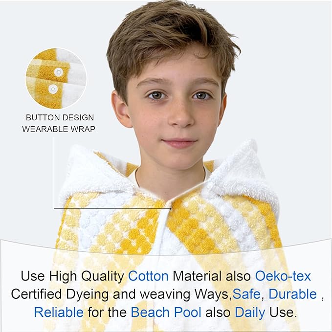 Hooded Bath Towel for Teens/Big Kids (8-14 Years,55"X28") | Soft FluffyQuick Dry Absorbent 100%Cotton Thick Towel Wrap | Versatile Beach, Pool, Swim & Bath Cover-Up | Pale Yellow Vertical Stripe
