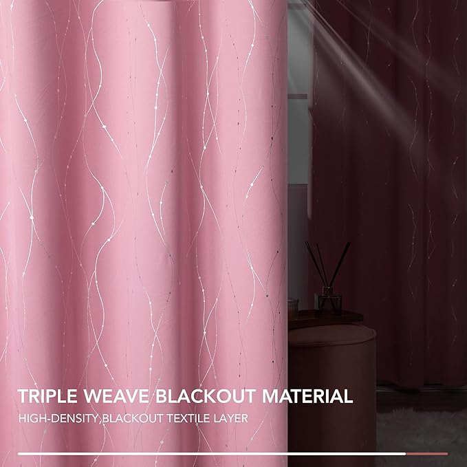 Deconovo Pink Blackout Curtains for Bedroom, Thermal Insulated Soundproof Pravicy Curtain, Silver Wave Dots Print, 42 x 95 Inch Long, Machine Washable Window Panels for Kids Room Nursery, Set of 2