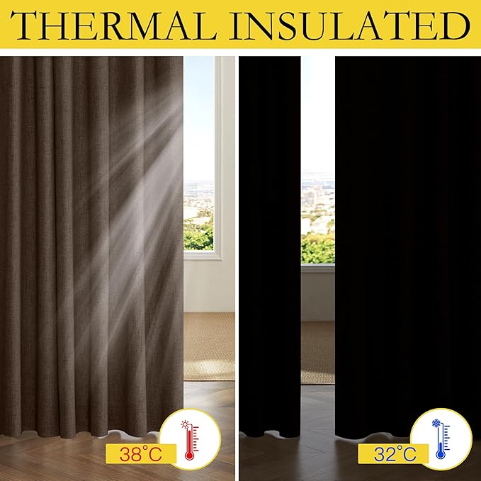 NICETOWN Coffee Vintage Linen 100% Blackout Curtains for Living Room, W52 x L90 in, Set of 2, Thermal Insulated Curtains with Light Blocking Liner, Noise Reducing Window Treatments for Home Cinema