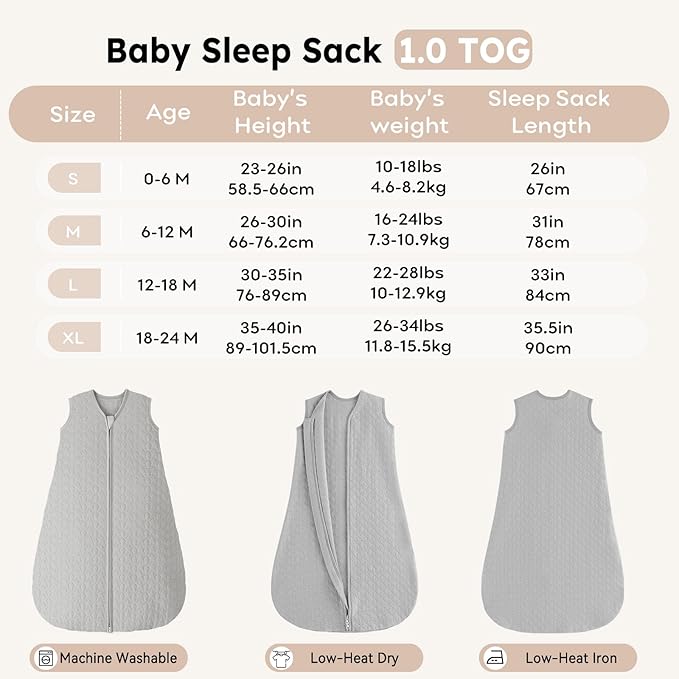Unnivoll Baby Sleep Sack 12-18 Months 1.0 Tog Baby Wearable Blanket Cotton Sleeping Sack Quilted Baby Sleep Bag with 2-Way Zipper for Toddler Infant Grey