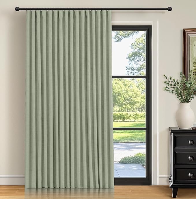 INOVADAY 100% Blackout Curtains for Bedroom, Black Out Curtains 84 Inch Long, Clip Rings Linen Blackout Drapes, Thermal Insulated Room Darkening for Living Room, 1 Panel - Sage,W102xL84