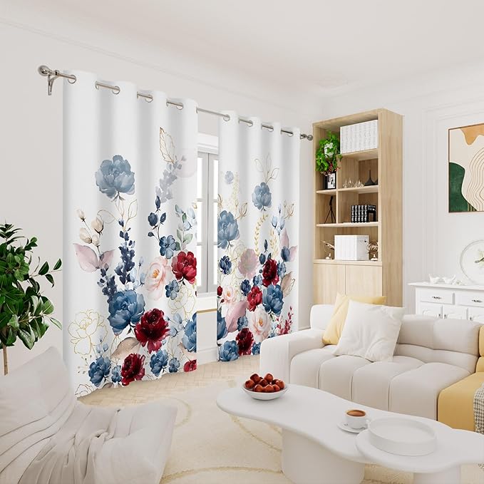 Renaiss Floral Blackout Curtains Watercolor Gray Blue and Red Peony Flower Bloossom Thermal Insulated Window Drapes for Bedroom 29W x 45L inches 2 Panel Set Window Curtains for Kitchen