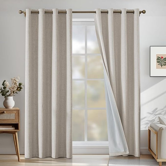 Linen 100% Blackout Curtains for Bedroom, Black Out Curtains 45 Inch Long, Room Darkening Curtains for Living Room, Long Curtain Grommets Drapes, Thermal Curtains(2 Panels, Oatmeal)