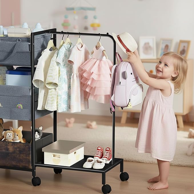 Baby Diaper Caddy Organizer - 3 Tier Rolling Cart with Kids Clothing Rack, Mobile Utility Cart with Dividers and Drawers, Large Capacity Storage Cart for Bedroom, Bathroom, Grey Carts with Wheels