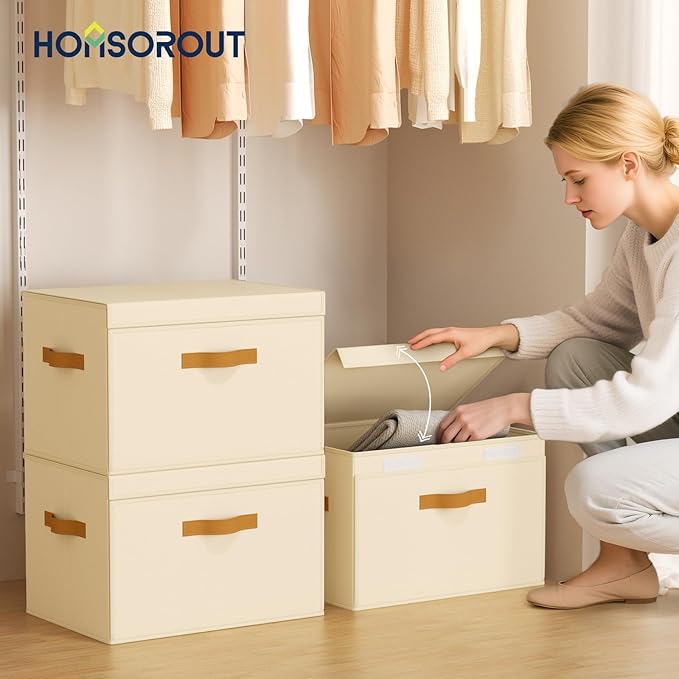 Large Storage Bins with Lids - Front Opening Fabric Storage Bins, Flap Closet Organizer with Handles, Collapsible Boxes with Lid, Decorative Basket for Home, Dorm, 4 Pack, Beige