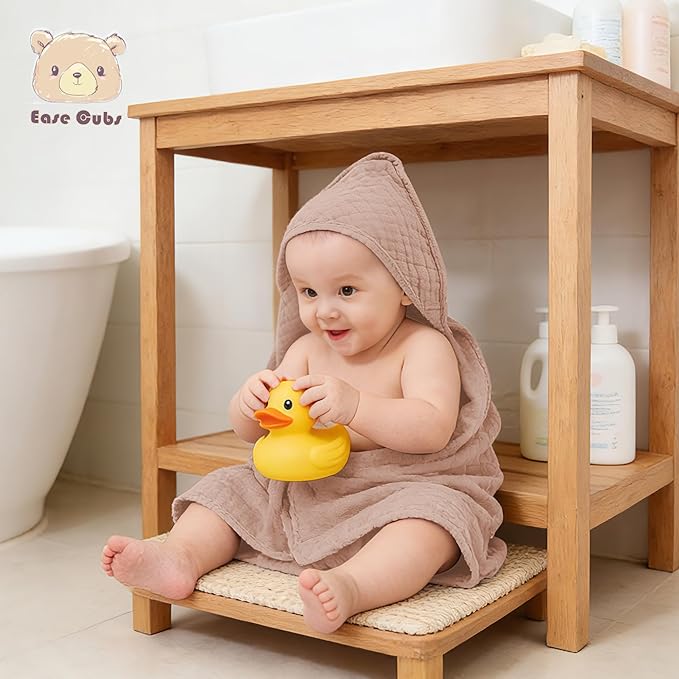3-Pack Muslin Hooded Baby Towels, 100% Cotton, Ultra-Soft & Absorbent Baby Bath Towels with Hood for Babies, Infant, Toddler and Newbron (Bean Paste Series,32" x 32")