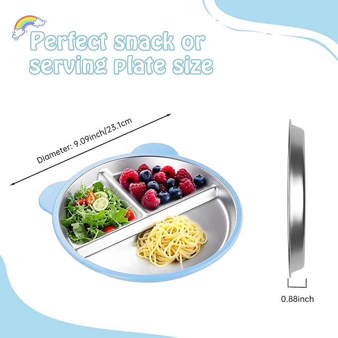Thrseely 4 Pack Stainless Steel Toddler Plates with Suction - 9" Kids Divided Plates Removable Silicone Sleeves for Baby Led Weaning, Bear Ear Design Non Slip BPA-Free Dishwasher Safe
