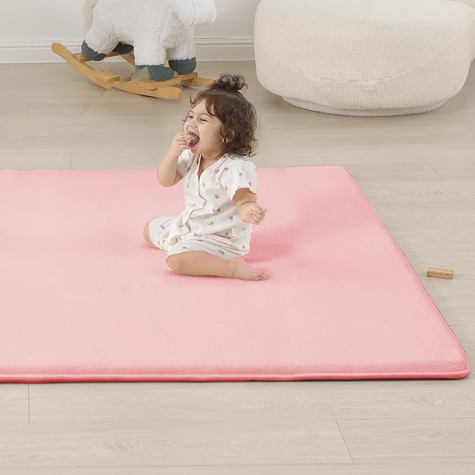 1.3" Thick Baby Floor Play Mat 59x79, Basic Padded Foam Mat for Tummy Time Crawling, Non Slip Cushioned for Babies Toddlers Infants Kids (Pink)