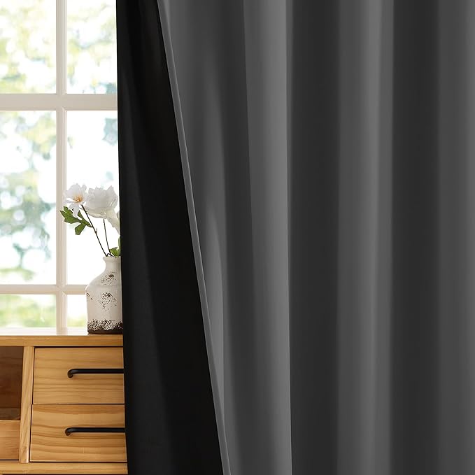 RYB HOME 100% Blackout Curtains 63 inches Length, Thermal Insulated Total Room Darkening Noise Reducing Curtains for Bedroom Dorm Sleep, 52 inches Wide by 63 inches Long, Grey