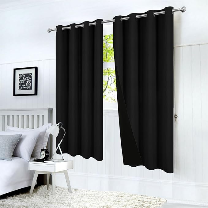 LEMOMO 100% Blackout Curtains 52 x 63 Inch Black Curtains 2 Panels Darkening Thermal Insulated Bedroom Curtains
